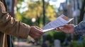 Volunteer handing out a political flyer to a person outdoors. Close-up of flyer exchange. Concept of political campaign Royalty Free Stock Photo