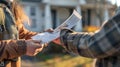 Volunteer handing out a political flyer to a person outdoors. Close-up of flyer exchange. Concept of elections Royalty Free Stock Photo