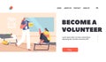 Volunteer Help Refugee in Shelter Landing Page Template. Character Survive during War or Accident in Temporary Residence