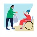 Volunteer helps disabled old woman with shopping and dog walking. Social work during coronavirus quarantine concept Royalty Free Stock Photo