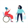 Volunteer helps disabled old woman with shopping and dog walking. Social work during coronavirus quarantine concept Royalty Free Stock Photo