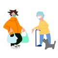 Volunteer helps elderly woman with shopping and dog walking. Social work during coronavirus quarantine concept Royalty Free Stock Photo