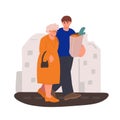 Volunteer helps an old woman carry a grocery bag. Charity donation. Banner. Vector illustration in freehand drawn style