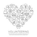 Volunteer line poster. Charity and donation banner, heart shaped icons. Social care voluntary work. Activity helping