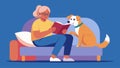 A volunteer and a longterm resident dog cuddled up on a couch the volunteer reading a book out loud to the dog while the