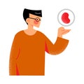 Volunteer man in the brown shirt with the blood donation symbol concept. Vector illustration in flat cartoon style.