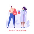 Volunteer man standing and donating blood to doctor. Donor. Concept of donation, world blood donor day, health care. Vector