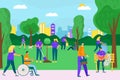 Volunteer people in park nature, vector illustration. Flat city environment community with man woman. Volunteering