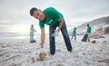 Volunteer portrait, beach cleaning or man for recycling plastic bottle for community service, pollution and earth day