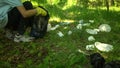 Volunteer scavenge plastic garbage in the summer park. Ecology concept