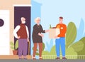 Volunteer seniors delivery. Guy help food elderly family, carry parcel meal old vulnerable people, care support senior