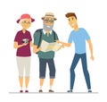 Volunteer showing senior tourists the way - flat design style illustration