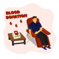 Volunteer sitting on medical chair to donating his blood, health lifestyle with blood donor charity flat design illustration.