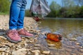 Volunteer standing on the Bank of the river, and floating in the river plastic bottle. Concept of the protection of the