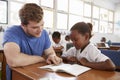 Volunteer teacher helping schoolgirl at her desk, close up Royalty Free Stock Photo