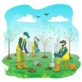 Volunteer team of young people planting trees and watering sprout, seedling in city park or garden. Volunteering gardening work. Royalty Free Stock Photo