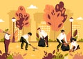 Volunteer team of young people are sweeping and cleaning garbage of city autumn park Royalty Free Stock Photo