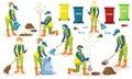 Volunteer team of young people sweeping, cleaning garbage, planting trees. Volunteers at work flat illustration isolated Royalty Free Stock Photo