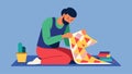 A volunteer using their creative skills to make handmade blankets for homeless shelters.. Vector illustration.