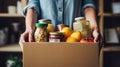 Volunteer Woman Collecting Groceries in Donation Box. Generative ai