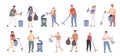 Volunteer work, city cleaning, trash collection flat vector illustrations set. Social project, territory cleaning