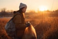 Volunteer young woman collecting garbage, picking up waste at sunset light, land pollution, environmental problem. Generative AI