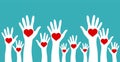 Volunteering, charity and donating concept. Raised white hands with red heart on blue background vector design element