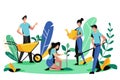 Volunteering, charity social concept. Volunteer people plant trees in park, vector illustration. Ecological lifestyle