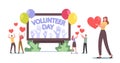 Volunteering, Charity Support Concept. Volunteers Male and Female Characters Celebrate International Volunteer Day