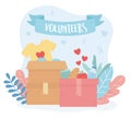 Volunteering, help charity volunteers boxes clothes food love support Royalty Free Stock Photo