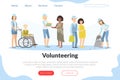 Volunteering Landing Page Template, People Taking Part in Volunteer Organization or Movement, Helping Elderly and Needy