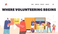 Volunteering Landing Page Template. Volunteers Giving Humanitarian Aid and Governmental Help Boxes to Refugee Characters