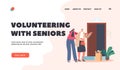 Volunteering with Seniors Landing Page Template. Volunteer Female Character Help Old Lady with Shopping Grocery