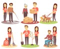 Volunteering and supporting people vector flat icons with young volunteer persons