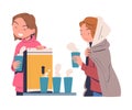 Volunteering with Woman Volunteer Giving Homeless People Warm Drink Vector Illustration