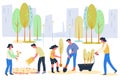 Volunteers and active citizens planting trees in city park, vector flat illustration Royalty Free Stock Photo