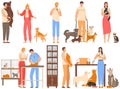 Volunteers in animal shelter, people take care of animals, dogs and cats rehabilitation center, vector illustration