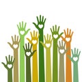 Volunteers bright colorful caring up hands hearts vector design element on sky background.