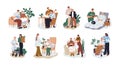 Volunteers caring of old senior people set. Caregivers, social workers helping, supporting elder aged characters Royalty Free Stock Photo