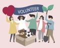 Volunteers with charity icons illustration