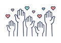 Volunteers and charity work. Raised helping hands. Vector icon background banner illustrations with a crowd of people ready and Royalty Free Stock Photo