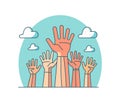 Volunteers and charity work. Raised helping hands. Vector icon background banner illustrations with a crowd of people ready and Royalty Free Stock Photo