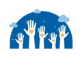 Volunteers and charity work. Raised helping hands. Vector icon background banner illustrations with a crowd of people ready and Royalty Free Stock Photo