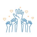 Volunteers and charity work. Raised helping hands. Vector icon background banner illustrations with a crowd of people ready and Royalty Free Stock Photo