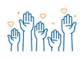 Volunteers and charity work. Raised helping hands. Vector icon background banner illustrations with a crowd of people ready and Royalty Free Stock Photo