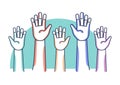 Volunteers and charity work. Raised helping hands. Vector icon background banner illustrations with a crowd of people ready and Royalty Free Stock Photo