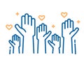 Volunteers and charity work. Raised helping hands. Vector thin line icon illustrations with a crowd of people ready and available Royalty Free Stock Photo