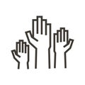 Volunteers and charity work. Raised helping hands. Vector thin line icon illustrations with a crowd of people ready and available Royalty Free Stock Photo