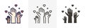 Volunteers and charity work. Raised helping hands. Vector thin line icon illustrations with a crowd of people ready and available Royalty Free Stock Photo