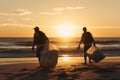 Volunteers clean beach garbage sunset. Generate Ai